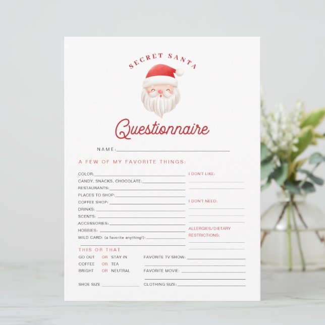 Festividades Cartão de Questionário de Papais noeis Secretos de (Em pé/Frente)