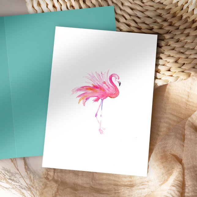 Festividades Cartão de Saudação Flamingo, Cor-de-Água, Rosa (folded notecard watercolor pink flamingo on white background blank inside art Victoria Grigaliuanas)