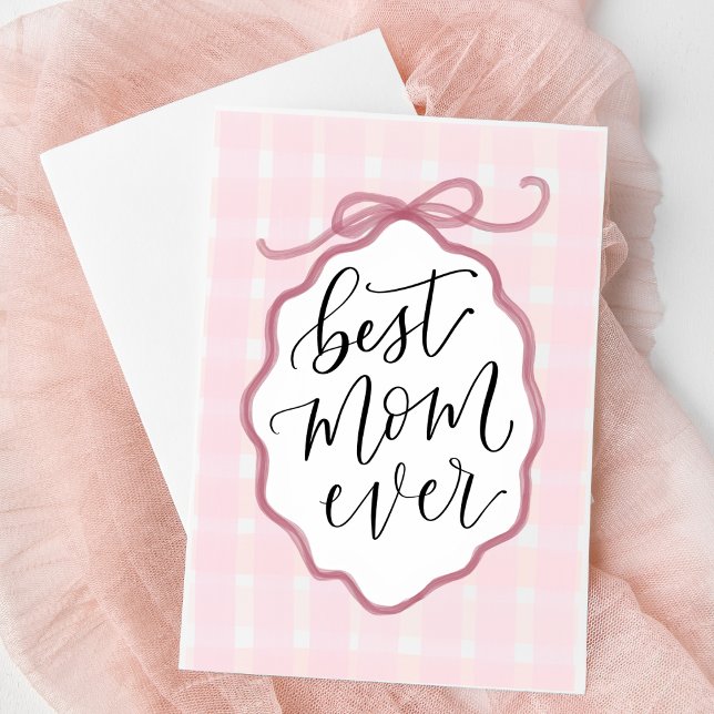 Festividades Cartão do Dia das Mães com Laço de Aquarela Rosa (Best Mom Ever Card | Hand-lettered Pink Bow Design | Sweet Custom Greeting for Mother's Day Gift)