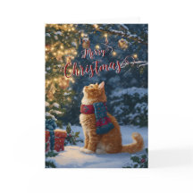 Cartão Dobrado de Natal com Gato Laranja Festivo