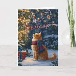 Festividades Cartão Dobrado de Natal com Gato Laranja Festivo