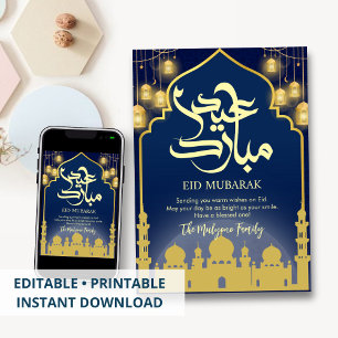 Festividades Cartão Eid com Arco de Mesquita em Azul Meia-Noite
