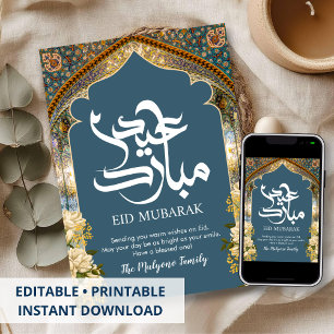 Festividades Cartão Eid Mubarak com Arco de Mosaico Persa Azul