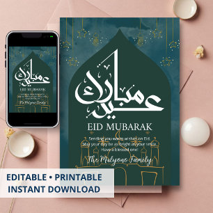 Festividades Cartão Eid Mubarak com Arte de Linha Verde e Doura