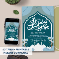 Cartão Eid Mubarak com Silhueta de Mesquita em Azu