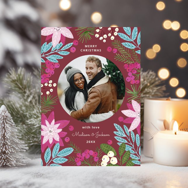 Festividades Cartão Festivo de Natal Burgundy (Festive Bright Burgundy Christmas Holiday Card)