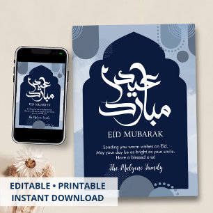 Festividades Cartão Moderno de Eid Mubarak Azul com Islã Abstra