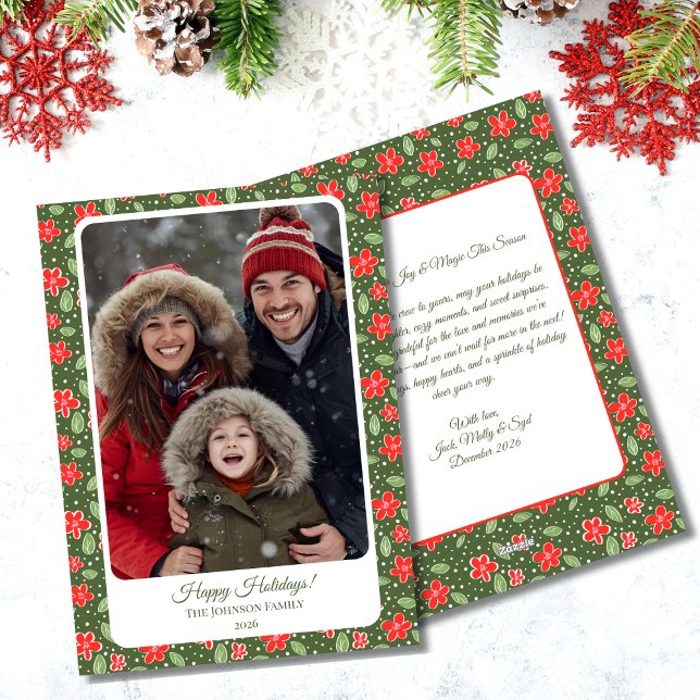 Festividades Cartão Moderno de Férias com Foto Floral Vermelho  (Modern Floral Photo Flat Holiday Card)