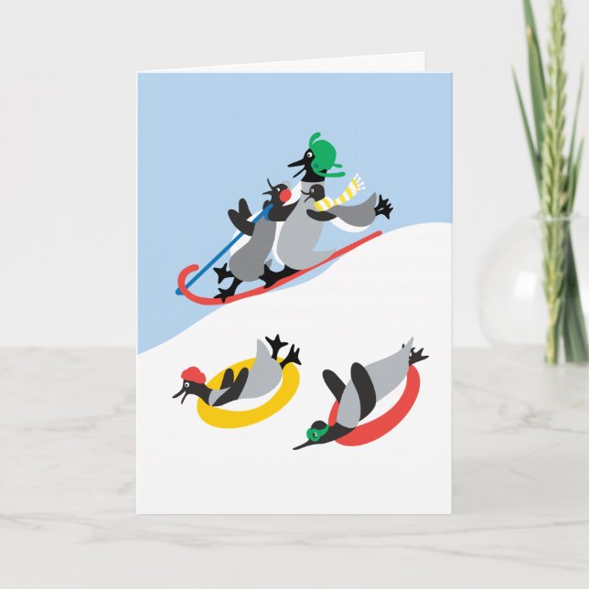 Festividades Cartão Personalizado de Pinguins no Trenó (Frente)