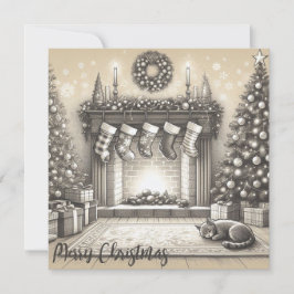 Festividades Cartão plano de esboço do Gatinho de Natal