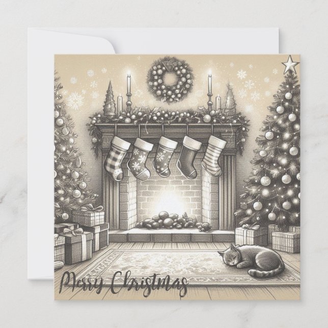 Festividades Cartão plano de esboço do Gatinho de Natal (Frente)