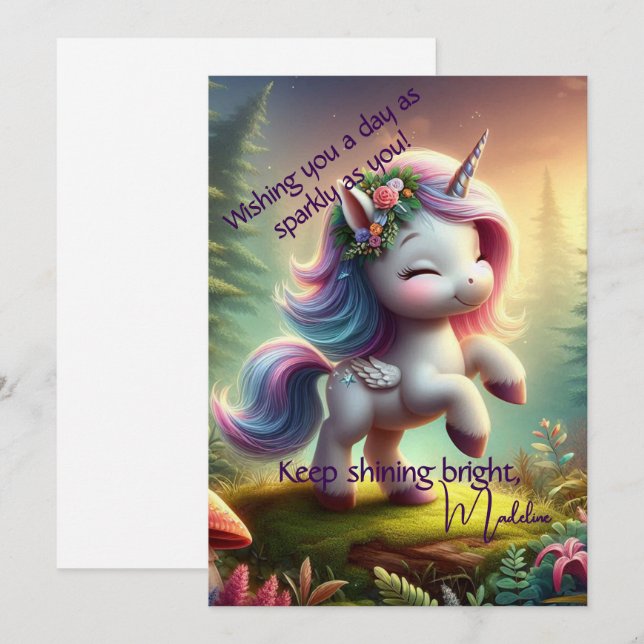 Festividades Cartão Plano de Unicórnio Encantador Personalizado (Frente/Verso)