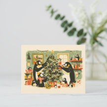 Cartão postal da Família de Pinguins Decorando a Á