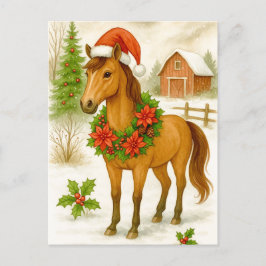 Festividades Cartão postal de aquarela de inverno do cavalo de 