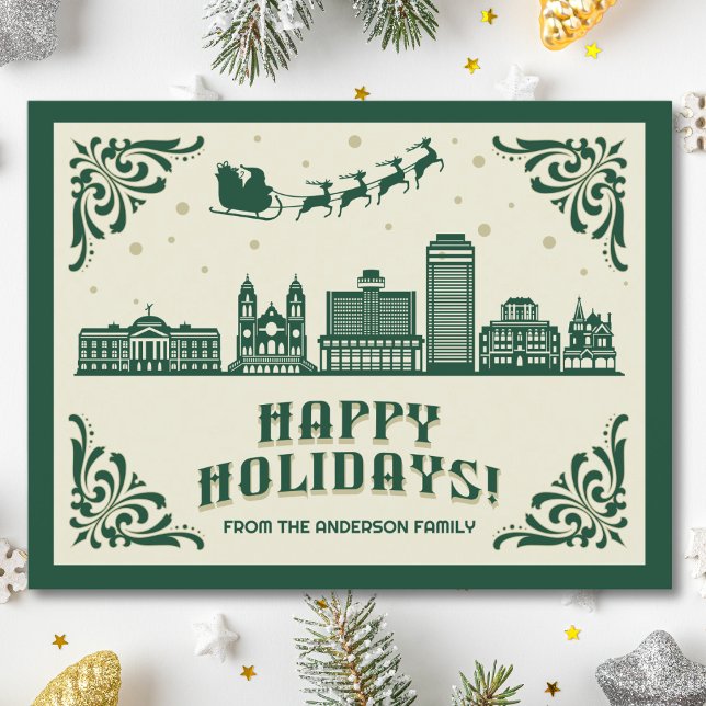 Festividades Cartão postal de feriados felizes para Phoenix, AZ (Happy Holidays Phoenix, AZ skyline cityscape christmas postcard customizable real estate Santa )