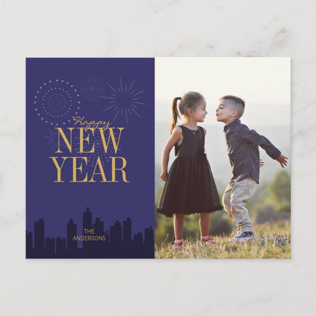 Festividades Cartão postal de foto de Ano Novo com paisagem urb (Frente)