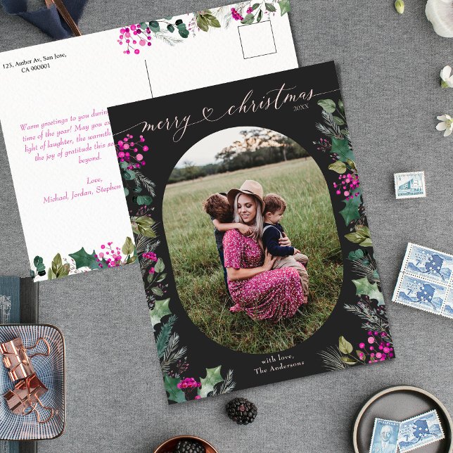 Festividades Cartão postal de Natal elegante Boho preto e rosa (Criador carregado)