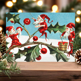 Festividades Cartão postal de Natal vintage com elfos e azevinh