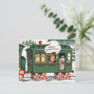 Festividades Cartão postal de Natal vintage de trem com elfo de