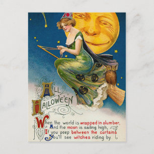 Festividades Cartão postal de Vintage Halloween bruxa e lua