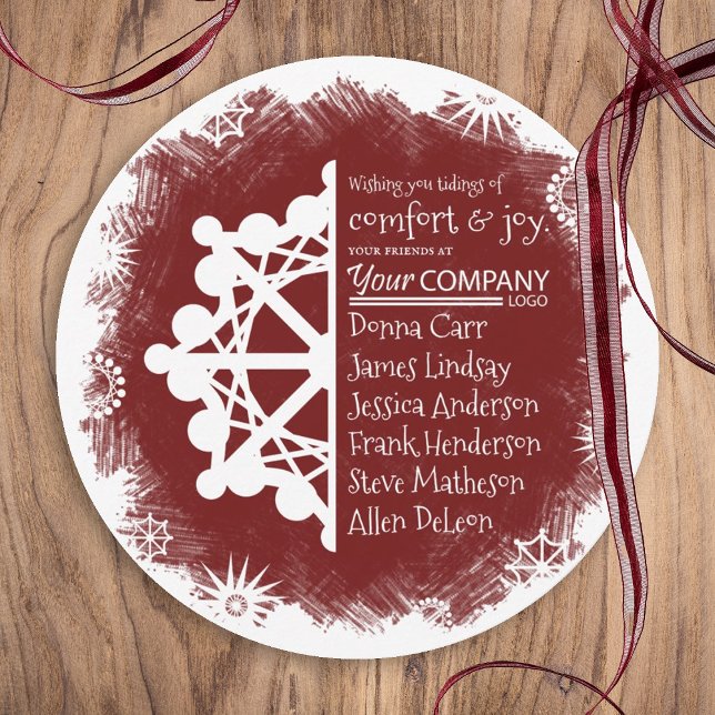 Festividades Cartão único de férias de negócios, verde redondo  (burgundy company holiday card, burgundy red business logo christmas card, white snowflake snow)