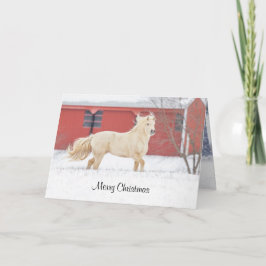 Festividades Cavalo correndo no cartão de feriado de neve dobra