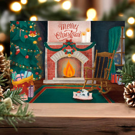 Festividades Cena de Lareira de Natal Antigo Cartão Postal de F