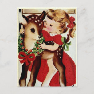 Festividades Cervo de Natal vintage criança cartão postal de fe