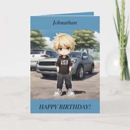 Festividades Chibi Boy parado por um cartão de aniversário de c