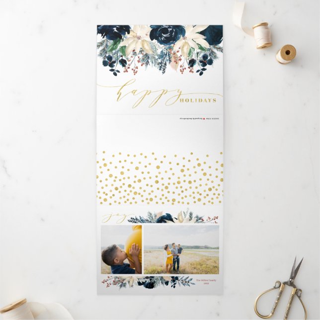 Festividades Com Dobra Tripla Cartão de Férias de Natal de Alegria Azul e Dourad (Fora)