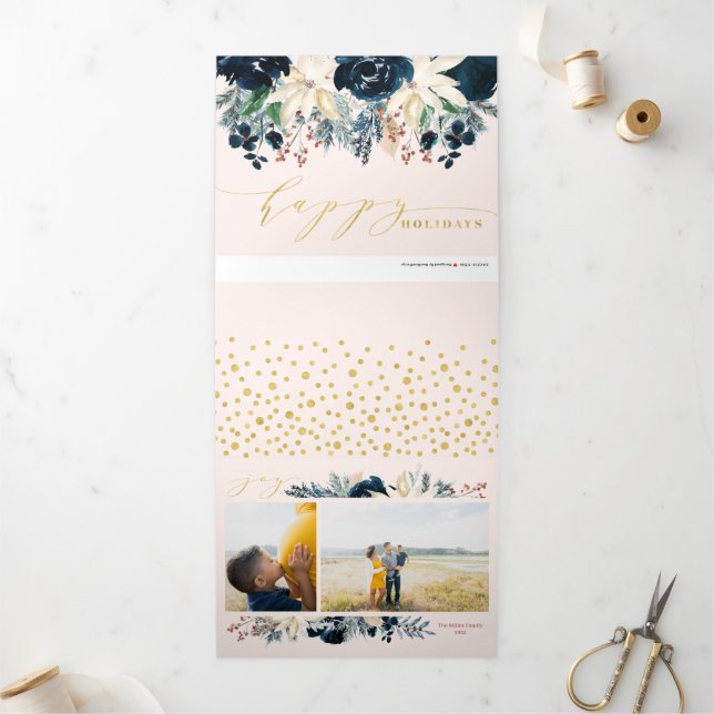 Festividades Com Dobra Tripla Cartão de Férias de Natal de Alegria Azul e Dourad (Fora)