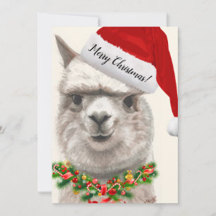 Festividades Cute Alpaca Santa Hat Cartão de Natal Original