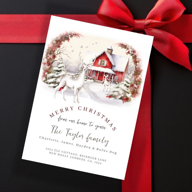 Festividades Da nossa casa ao seu cartão de Natal (From Our Home to Yours Christmas Holiday Card by Ricaso. Red cottage with snow and deer detail.)