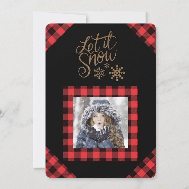 Festividades Deixe Nevar Cartão de Natal de Foto em Xadrez Verm (Frente)