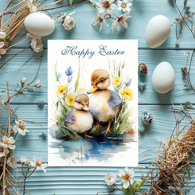 Festividades Delícia dos Patinhos: Edição de Páscoa Cartão de F (happy easter, duckling, easter postcard, easter, blue, animals, cute easter, flowers, duck, )
