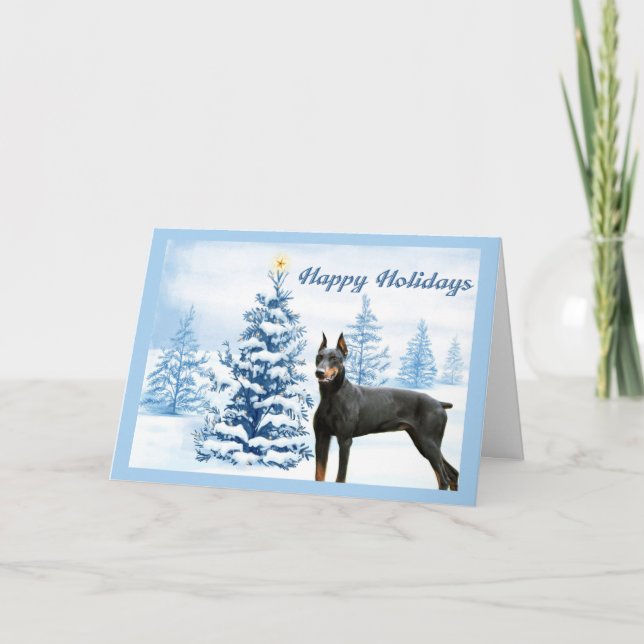 Festividades Doberman Pinscher Cartão de Natal Árvore Azul (Frente)