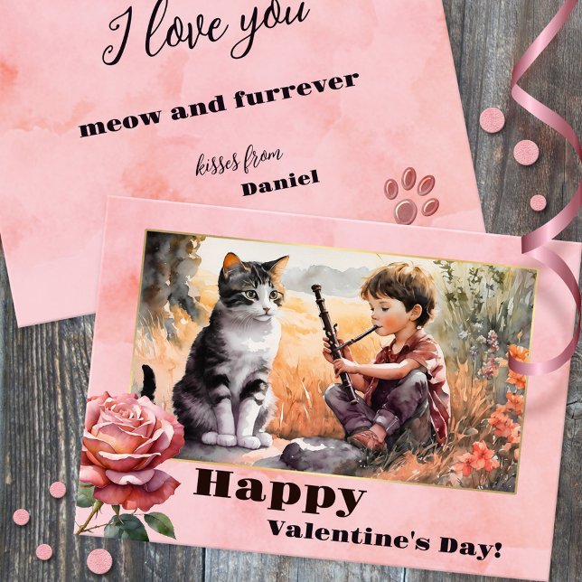 Festividades Doce Romântico Engraçado Gato Feliz Cartão de Dia  (A sweet funny Valentine's Day card with a watercolor of a boy singing a love song for a cute kitty)