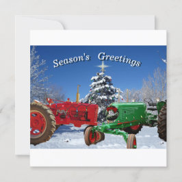 Festividades Dois Tratores Antigos no Cartão de Natal Snow Flat