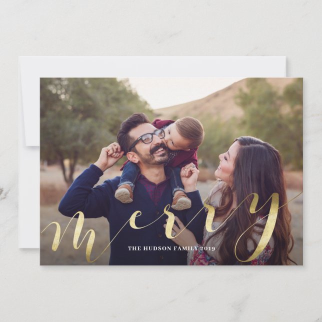 Festividades Dourada caligrafia Grande Foto Feliz Cartão de Nat (Frente)