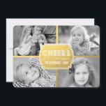 Festividades Dourada Collage Cheers | Cartão com fotos de féria<br><div class="desc">Modern Cheers Collage - Photo Holiday Card Faux Gold Foil (efeito fotográfico impresso). Design por Elke Clarke© para a Galeria de Monogramas. Escolha esta placa de cartões de natal simples e versátil para enviar aos seus amigos e familiares nesta época de férias. Ele tem as palavras "Saúde, a você e...</div>