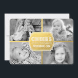 Festividades Dourada Collage Cheers | Cartão com fotos de féria<br><div class="desc">Modern Cheers Collage - Photo Holiday Card Faux Gold Foil (efeito fotográfico impresso). Design por Elke Clarke© para a Galeria de Monogramas. Escolha esta placa de cartões de natal simples e versátil para enviar aos seus amigos e familiares nesta época de férias. Ele tem as palavras "Saúde, a você e...</div>
