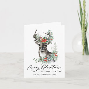 Festividades Elegante cartão de Natal com cervo e poinsétia