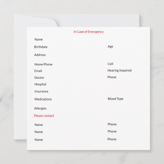 Festividades Em caso de cartão de contato de emergência (Frente)