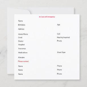 Festividades Em caso de cartão de contato de emergência