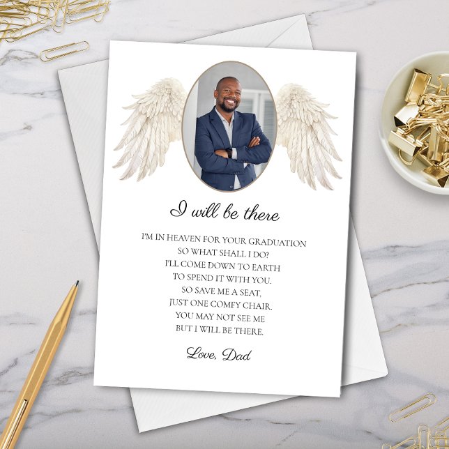 Festividades Estarei lá Memorial de Pai para o Cartão de Forman (Card with memorial poem from deceased dad to graduate with photo and angel wings keepsake)