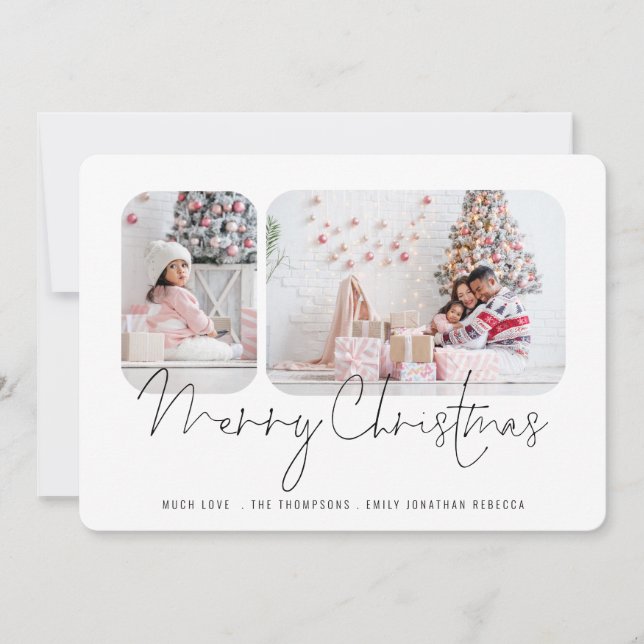 Festividades Família Moderna 2 Fotos Script Feliz Cartão de Nat (Frente)