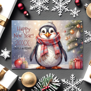Festividades feliz ano novo cartão de Natal plano com pinguim f