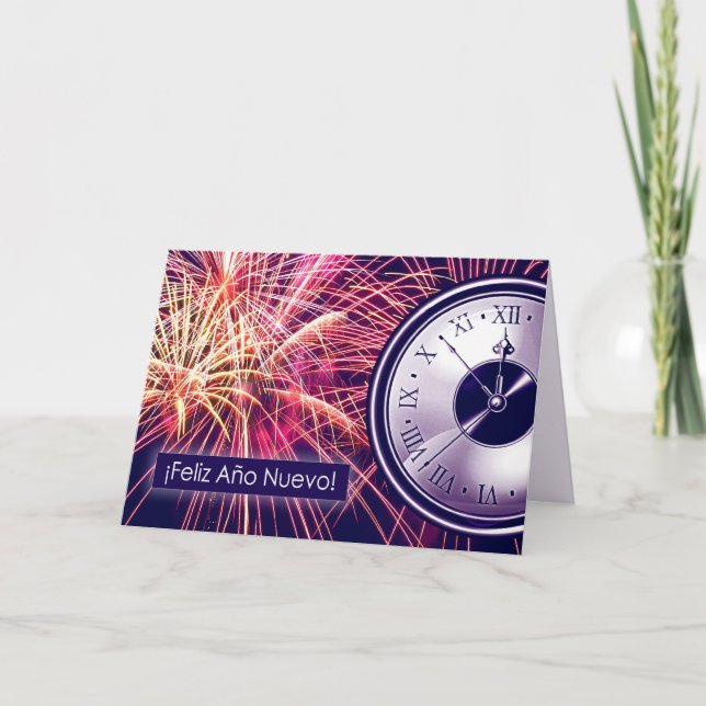 Festividades Feliz Año Nuevo. Cartão de Ano Novo em espanhol (Frente)
