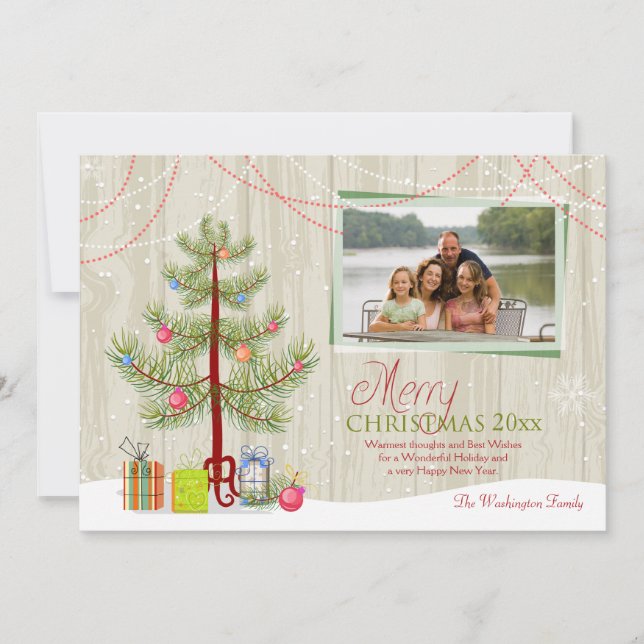 Festividades Feliz cartão com fotos de férias em madeira de árv (Frente)