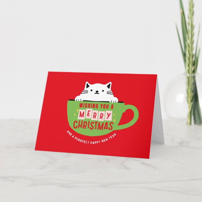 Festividades Feliz Gato De Natal No Cartão De Natal De Teacup,  (Frente)